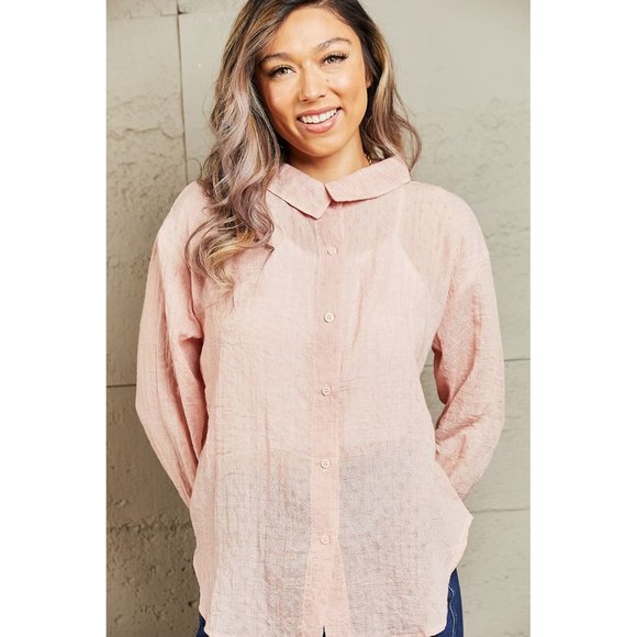 Lightweight Button Down Top Long Sleeves Relaxed Fit Casual Solid Peach - Picture 1 of 5